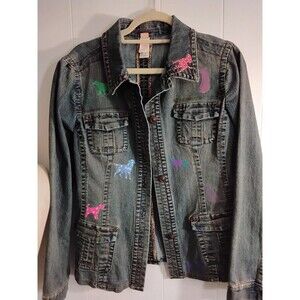 Tapemeasure Denim Jacket Women size 12 dog iron ons